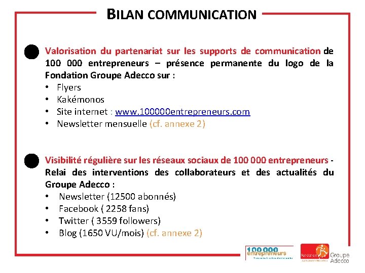 BILAN COMMUNICATION Valorisation du partenariat sur les supports de communication de 100 000 entrepreneurs