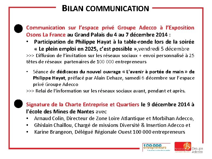BILAN COMMUNICATION Communication sur l’espace privé Groupe Adecco à l’Exposition Osons La France au