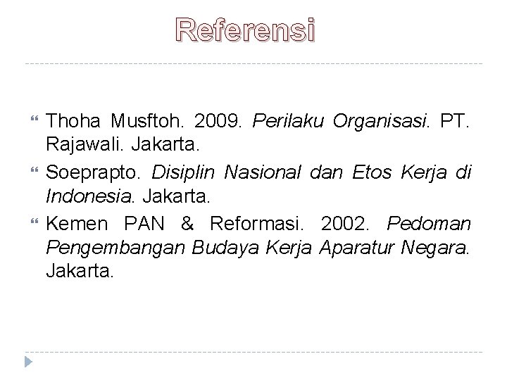 Referensi Thoha Musftoh. 2009. Perilaku Organisasi. PT. Rajawali. Jakarta. Soeprapto. Disiplin Nasional dan Etos