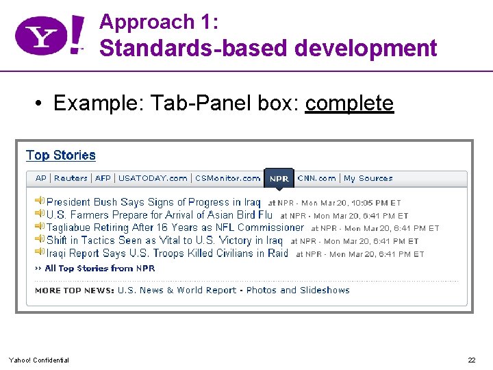 Approach 1: Standards-based development • Example: Tab-Panel box: complete Yahoo! Confidential 22 