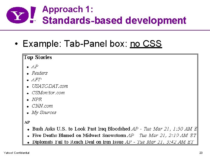 Approach 1: Standards-based development • Example: Tab-Panel box: no CSS Yahoo! Confidential 23 