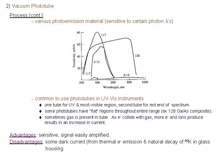 2) Vacuum Phototube Process (cont. ): - various photoemission material (sensitive to certain photon