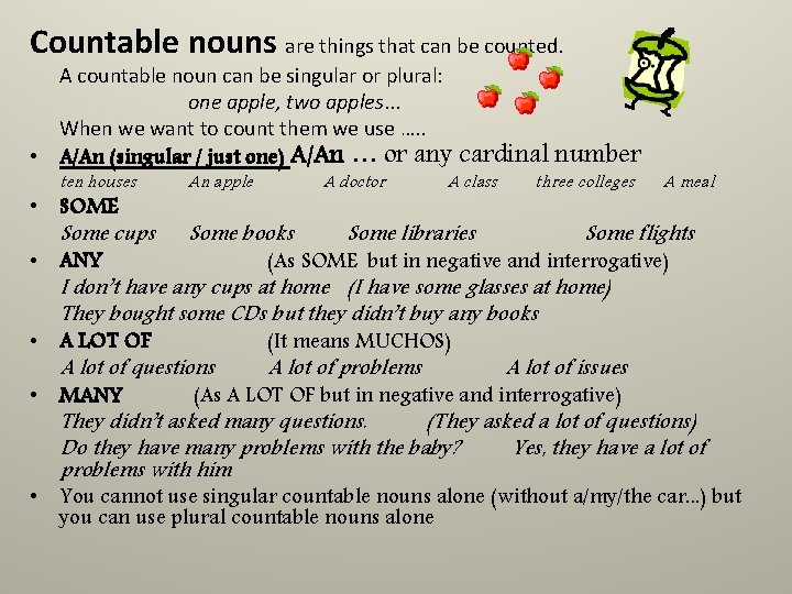 Countable nouns are things that can be counted. A countable noun can be singular