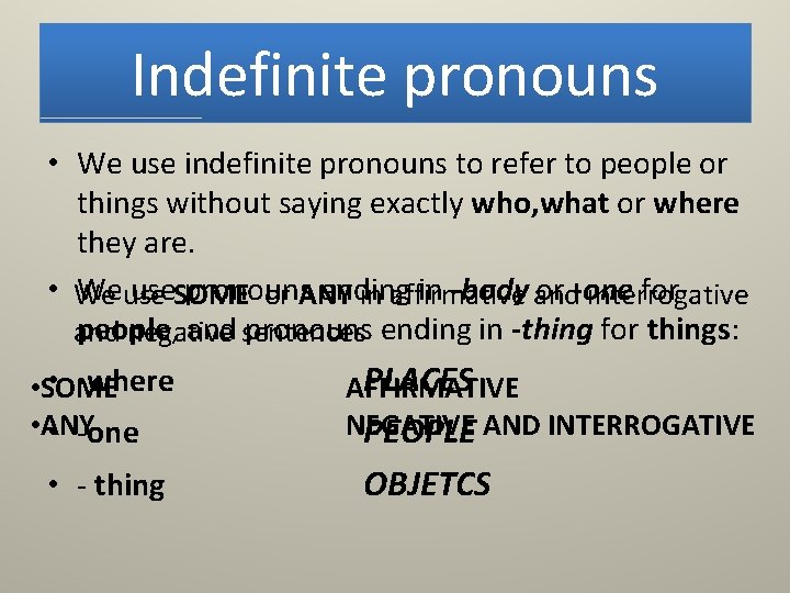Indefinite pronouns • We use indefinite pronouns to refer to people or things without