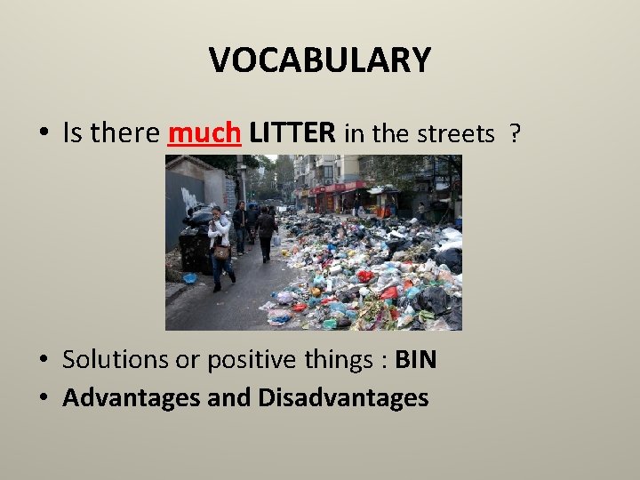VOCABULARY • Is there much LITTER in the streets ? • Solutions or positive