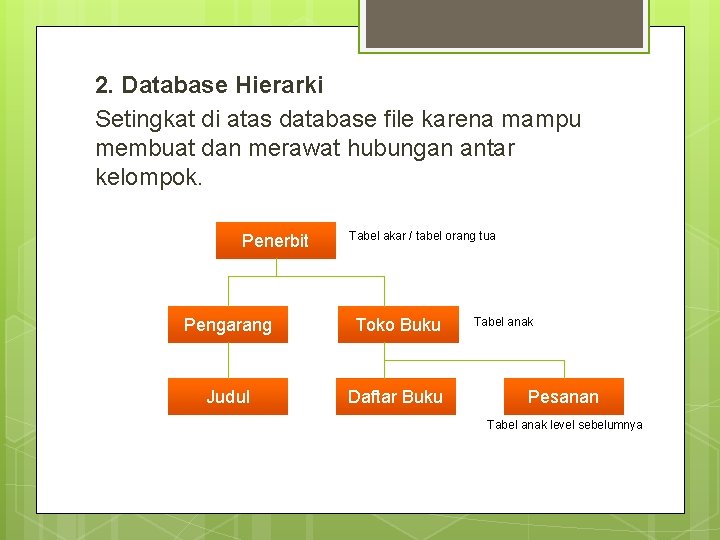2. Database Hierarki Setingkat di atas database file karena mampu membuat dan merawat hubungan