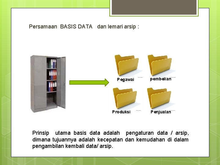 Persamaan BASIS DATA dan lemari arsip : Pegawai Produksi pembelian Penjualan Prinsip utama basis