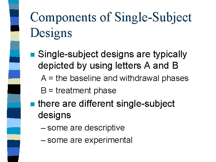 Components of Single-Subject Designs n Single-subject designs are typically depicted by using letters A