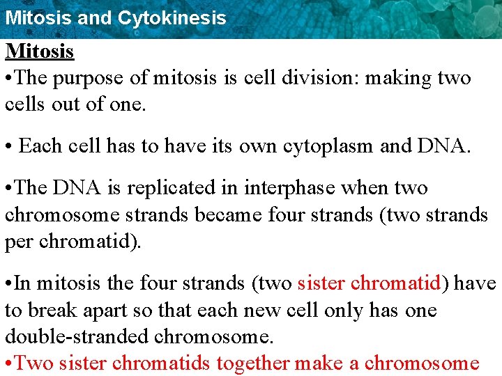 Mitosis and Cytokinesis Mitosis • The purpose of mitosis is cell division: making two