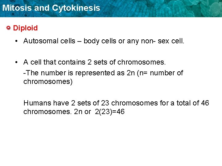 Mitosis and Cytokinesis Diploid • Autosomal cells – body cells or any non- sex