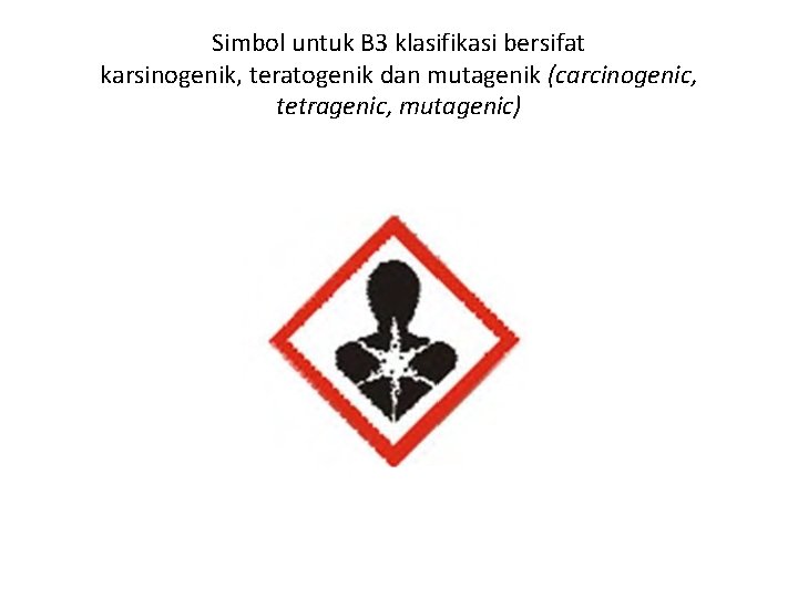 Simbol untuk B 3 klasifikasi bersifat karsinogenik, teratogenik dan mutagenik (carcinogenic, tetragenic, mutagenic) 