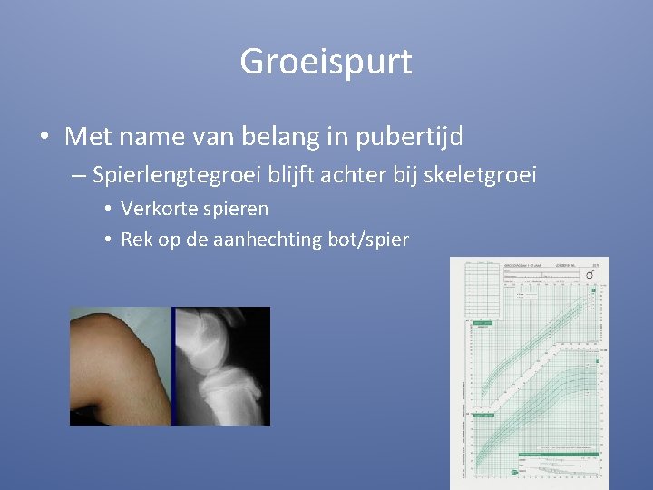 Groeispurt • Met name van belang in pubertijd – Spierlengtegroei blijft achter bij skeletgroei