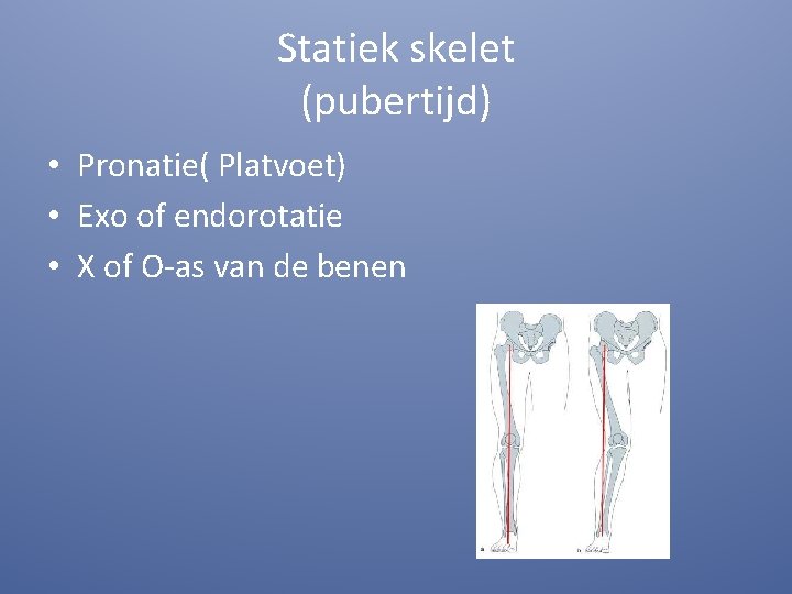 Statiek skelet (pubertijd) • Pronatie( Platvoet) • Exo of endorotatie • X of O-as