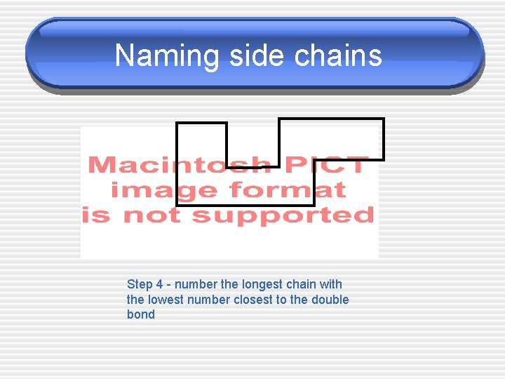 Naming side chains Step 4 - number the longest chain with the lowest number