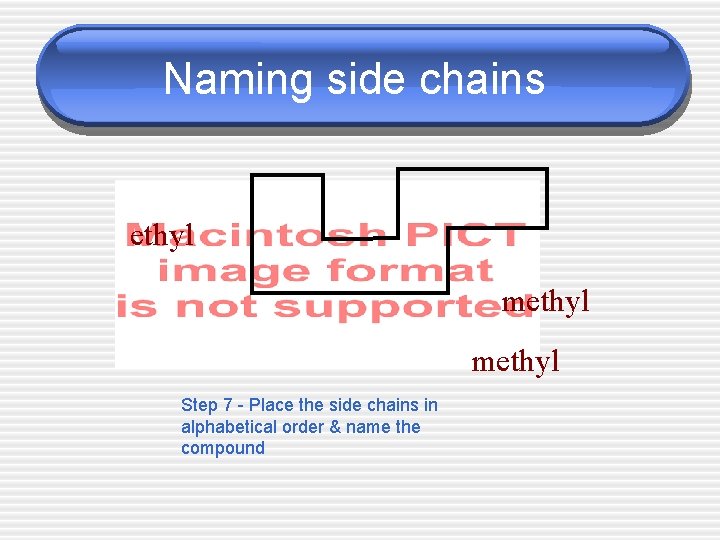 Naming side chains ethyl methyl Step 7 - Place the side chains in alphabetical