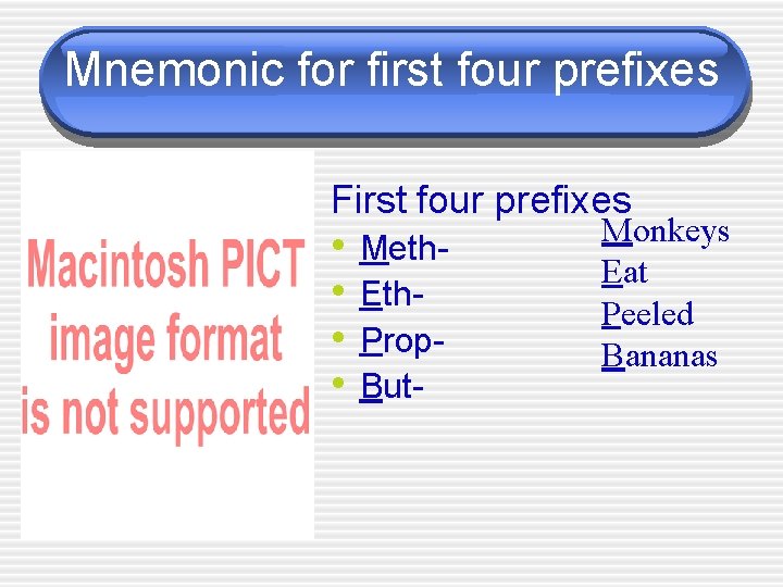 Mnemonic for first four prefixes First four prefixes • • Meth. Eth. Prop. But-