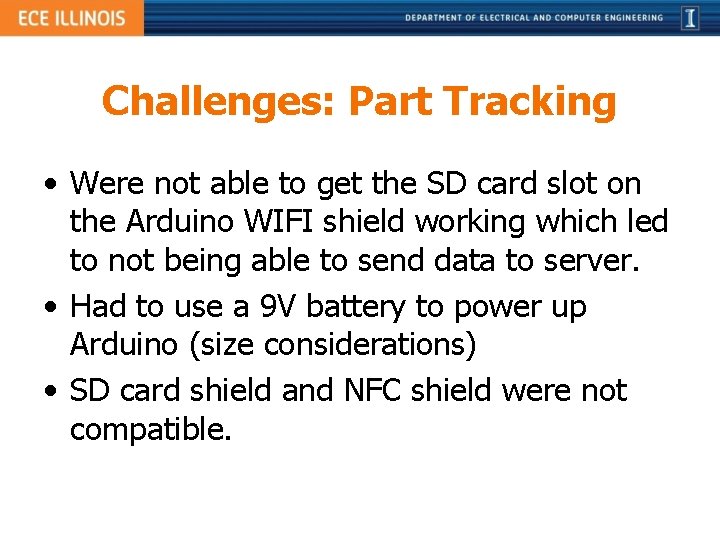 Challenges: Part Tracking • Were not able to get the SD card slot on