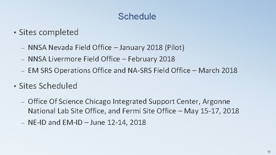 Schedule • Sites completed NNSA Nevada Field Office – January 2018 (Pilot) – NNSA