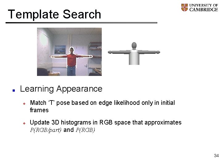 Template Search Learning Appearance v v Match ‘T’ pose based on edge likelihood only