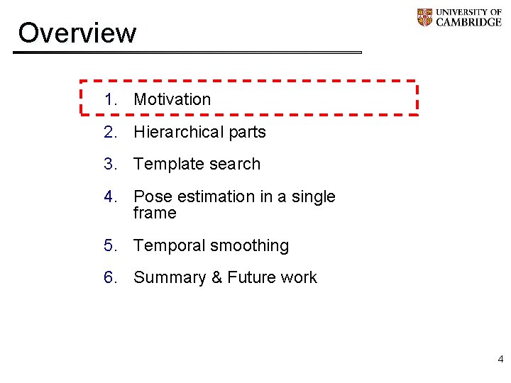 Overview 1. Motivation 2. Hierarchical parts 3. Template search 4. Pose estimation in a