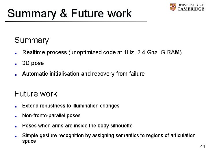 Summary & Future work Summary Realtime process (unoptimized code at 1 Hz, 2. 4