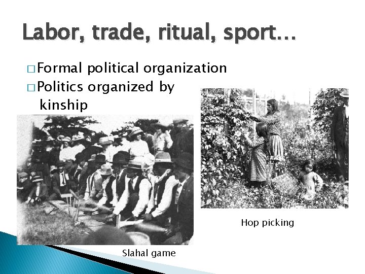 Labor, trade, ritual, sport… � Formal political organization � Politics organized by kinship Hop