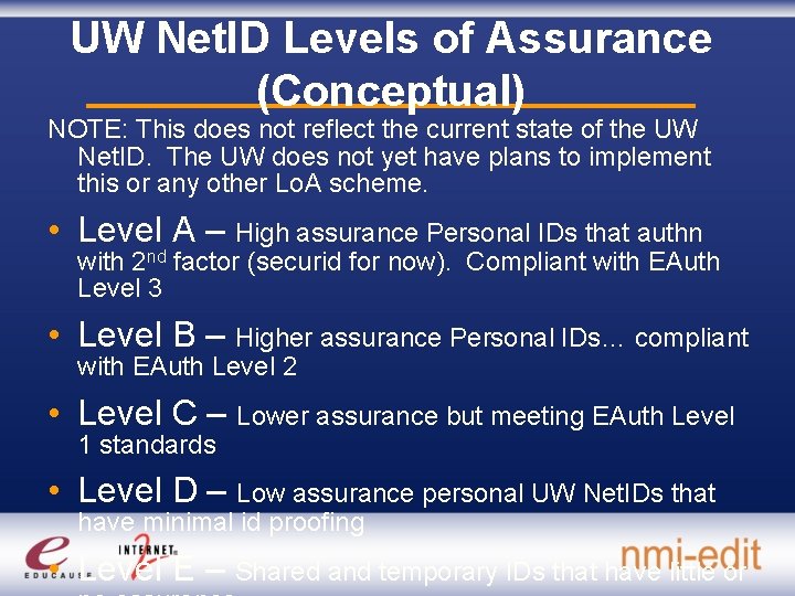 UW Net. ID Levels of Assurance (Conceptual) NOTE: This does not reflect the current