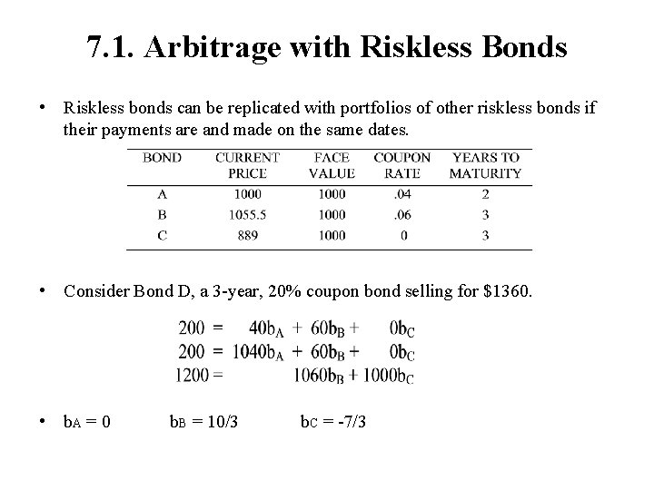 7. 1. Arbitrage with Riskless Bonds • Riskless bonds can be replicated with portfolios