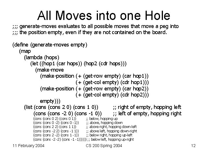 All Moves into one Hole ; ; ; generate-moves evaluates to all possible moves