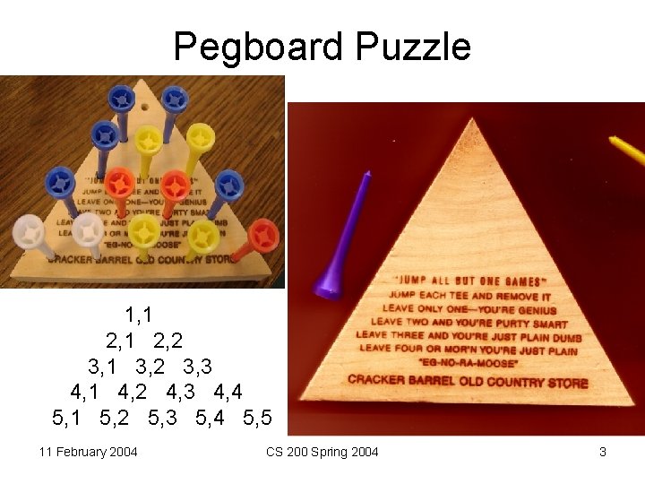 Pegboard Puzzle 1, 1 2, 2 3, 1 3, 2 3, 3 4, 1