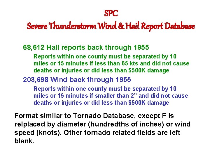 SPC Severe Thunderstorm Wind & Hail Report Database 68, 612 Hail reports back through