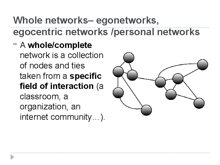 Whole networks– egonetworks, egocentric networks /personal networks A whole/complete network is a collection of