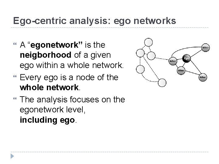 Ego-centric analysis: ego networks A “egonetwork” is the neigborhood of a given ego within