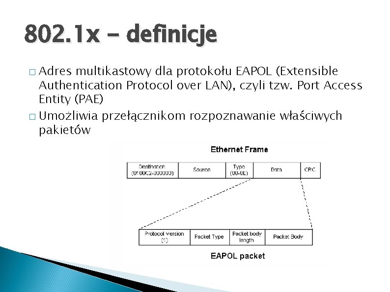 802. 1 x - definicje Adres multikastowy dla protokołu EAPOL (Extensible Authentication Protocol over