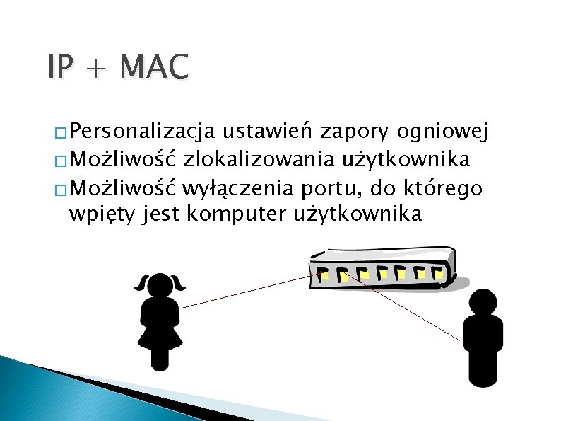 IP + MAC � Personalizacja ustawień zapory ogniowej � Możliwość zlokalizowania użytkownika � Możliwość