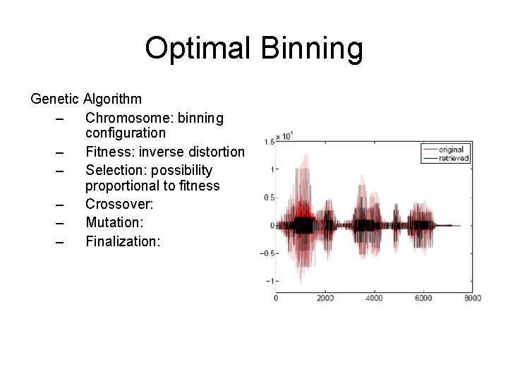 Optimal Binning Genetic Algorithm – Chromosome: binning configuration – Fitness: inverse distortion – Selection: