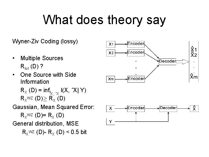 What does theory say Wyner-Ziv Coding (lossy) • Multiple Sources Rtot (D) ? •
