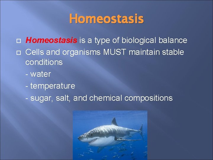 Homeostasis is a type of biological balance Cells and organisms MUST maintain stable conditions Homeostasis is a type of biological balance Cells and organisms MUST maintain stable conditions
