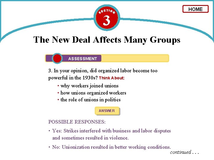 3 HOME The New Deal Affects Many Groups ASSESSMENT 3. In your opinion, did