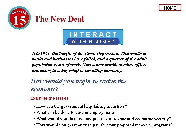 HOME 15 The New Deal INTERACT WITH HISTORY It is 1933, the height of