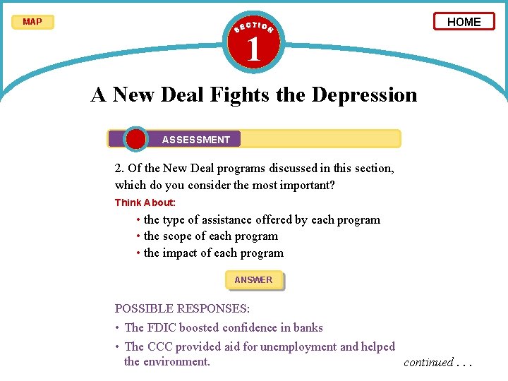 MAP 1 HOME A New Deal Fights the Depression ASSESSMENT 2. Of the New