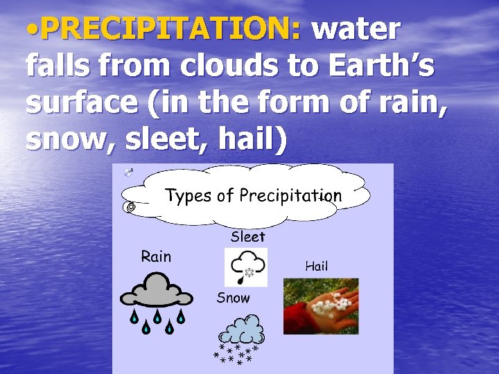  • PRECIPITATION: water falls from clouds to Earth’s surface (in the form of