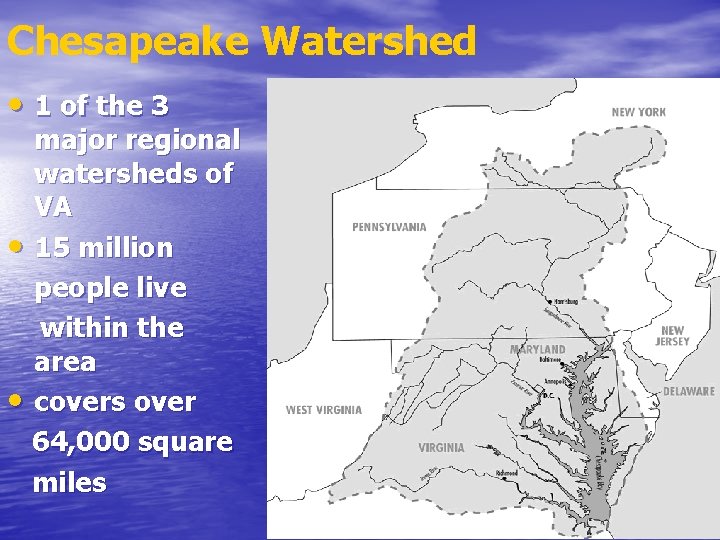 Chesapeake Watershed • 1 of the 3 major regional watersheds of VA • 15