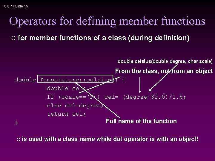 OOP / Slide 15 Operators for defining member functions : : for member functions