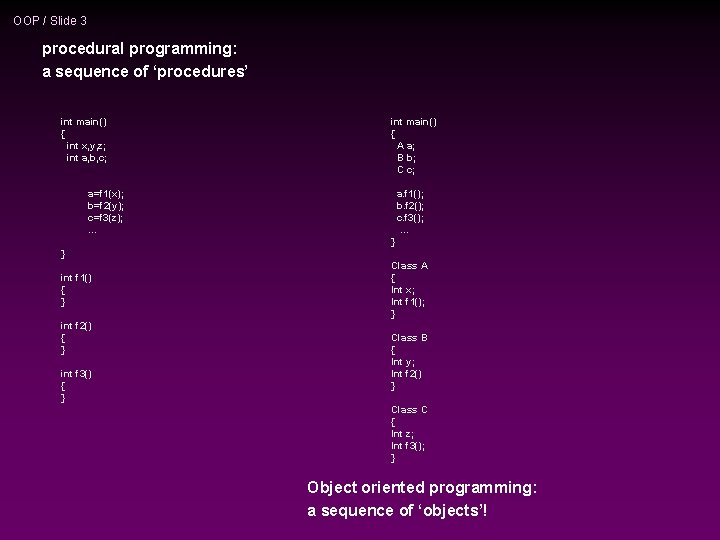 OOP / Slide 3 procedural programming: a sequence of ‘procedures’ int main() { int