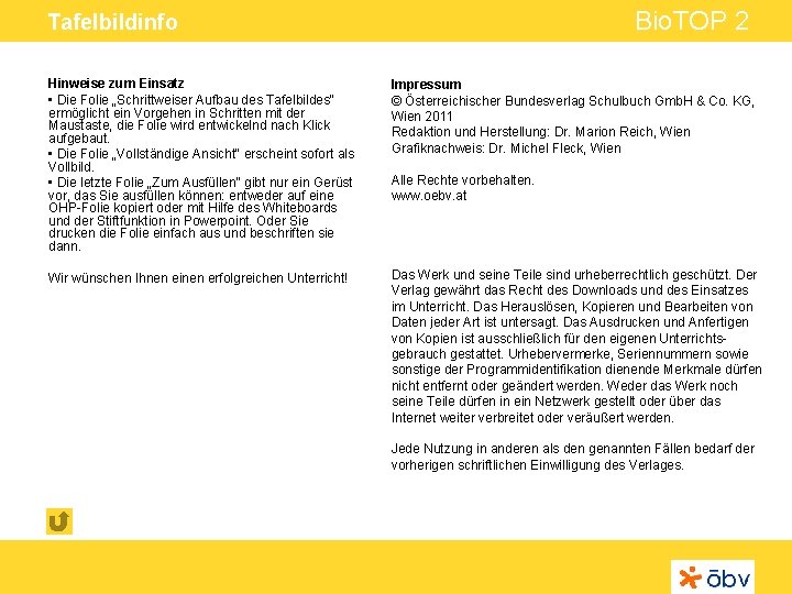 Bio. TOP 2 Tafelbildinfo Hinweise zum Einsatz • Die Folie „Schrittweiser Aufbau des Tafelbildes“