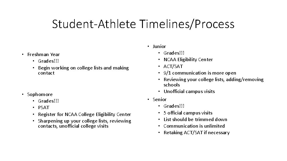 Student-Athlete Timelines/Process • Freshman Year • Grades!!! • Begin working on college lists and