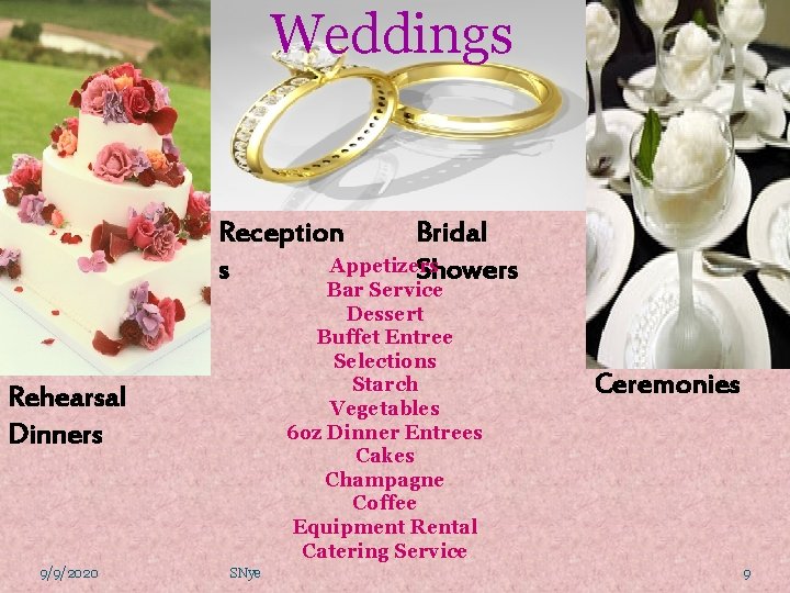 Weddings Reception Bridal Appetizers s Showers Bar Service Dessert Buffet Entree Selections Starch Vegetables