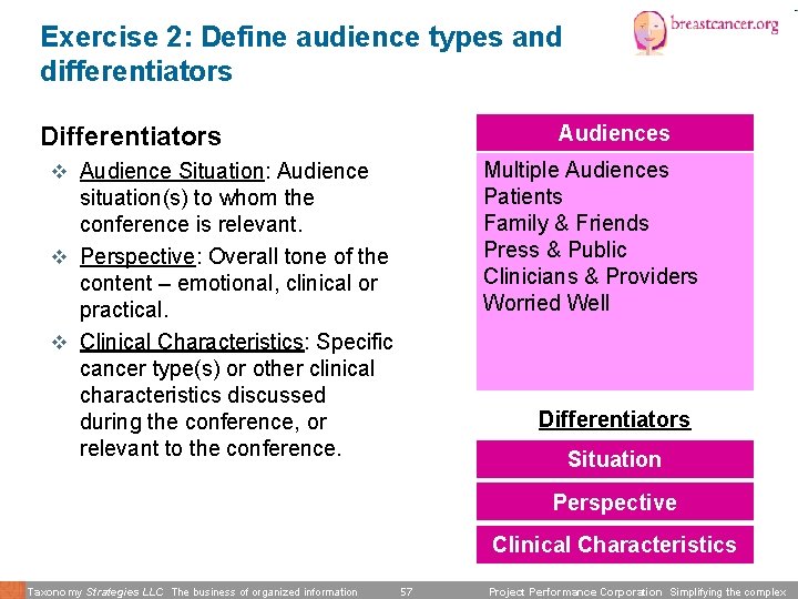 Exercise 2: Define audience types and differentiators Audiences Differentiators Multiple Audiences Patients Family &