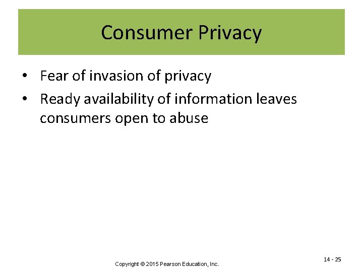 Consumer Privacy • Fear of invasion of privacy • Ready availability of information leaves